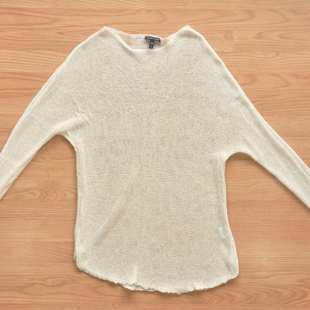 EILEEN FISHER Ivory Linen Blend Long Sleeve Knit Mesh Tunic, Size L
